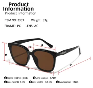 Size chart for vintage oversized sunglasses with detailed frame and lens measurements