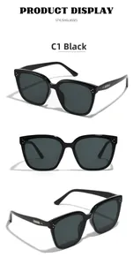 Three-angle view of black square sunglasses with silver temple accents on white backdrop