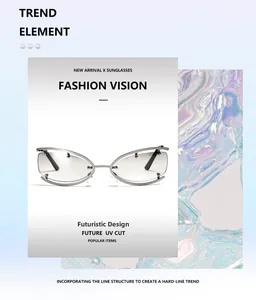Dettaglio ravvicinato di occhiali da sole semi-rimless cat-eye argento con design futuristico