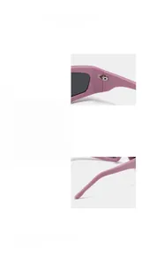 Detail view of purple Y2K square sunglasses showing reinforced hinges and glossy finish
