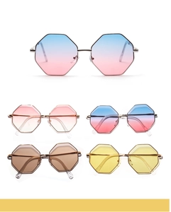 Detail shot of square double-bridge sunglasses in five assorted lens color variants