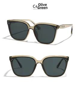 Detail view of olive green square sunglasses featuring triple metal rivets and C4 color code