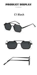 Three perspectives of square double-bridge black metal sunglasses with polygonal frame
