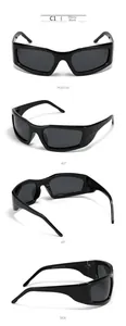 Detailed views of Y2K square polarized sunglasses with glossy black frame and specifications