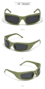 Detail view of olive green Y2K square polarized sunglasses with CE marking on temples