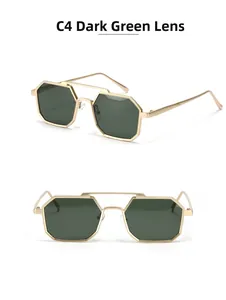 Detail view of C4 retro square metal sunglasses with double bridge and green lenses