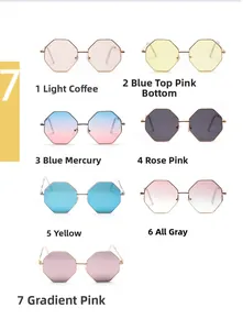 Octagonal sunglasses collection with metallic frames in seven vibrant lens colors