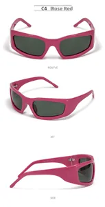 Three-view display of rose pink square Y2K polarized sports sunglasses with gray lenses