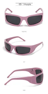Vertical layout of purple Y2K square polarized sunglasses from three detailed angles
