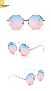Detail view of octagon silver metal frame sunglasses with blue-pink gradient lenses
