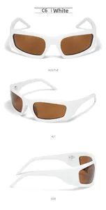 Three-angle view of white Y2K wraparound sunglasses with dark brown lenses and C6 code