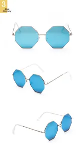 Detail view of square double-bridge sunglasses with blue mercury lenses and silver metal frame