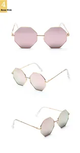 Detailed views of rose pink octagonal sunglasses with golden double bridge metal frame