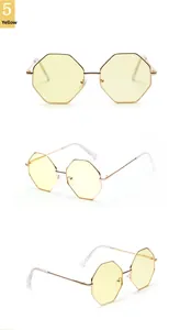 Detailed views of gold octagonal sunglasses featuring yellow lenses and double bridge design
