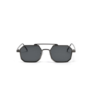 Square aviator sunglasses with double bridge metal frame and dark grey lenses for unisex style