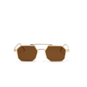 Retro square small frame sunglasses with gold double bridge and brown lenses