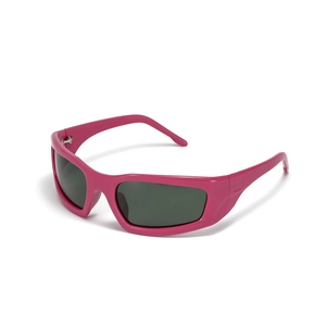Y2K style wrap-around square polarized sunglasses with pink purple frames and green lenses