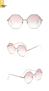Detailed views of gradient pink square sunglasses with golden metal double bridge frames