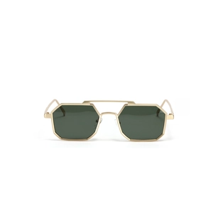 Modern square double bridge sunglasses with gold metal frame and dark green lenses