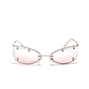 Occhiali da sole cat-eye semicerchiati Y2K in metallo argento con lenti sfumate rosa