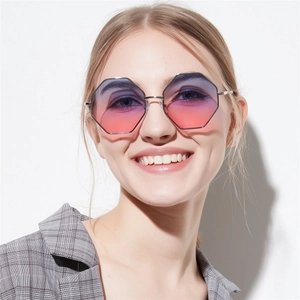 Octagonal Rimless Metal Sunglasses Double Bridge Gradient Lens Fashion Street Style UV400 Sun Eyewear For Men Women