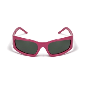 Modern Y2K style rectangular pink sunglasses with dark lenses on a white background