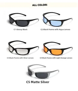Showcase of Y2K cycling sunglasses in assorted frame colors and vibrant lens tints