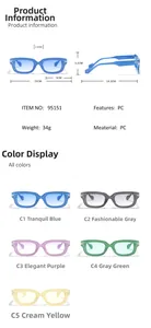 Detailed size chart and multi-color display of rectangular PC frame sunglasses