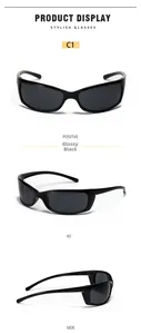 Close-up of sleek black Y2K cycling sunglasses frame and lens with Y2005 product code