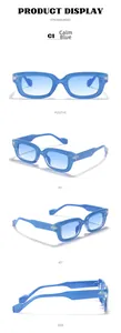 Detail view of Tranquil Blue rectangular sunglasses with CE mark and frame dimensions