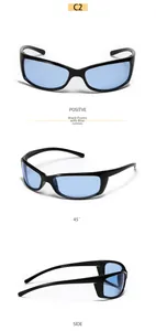Detailed views of black Y2K sports sunglasses with light blue lenses from multiple angles