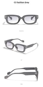 Three-angle view of stylish grey rectangular sunglasses with purple gradient lenses