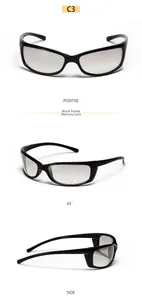 Three-angle views of Y2K sports sunglasses with black frames and silver mirror lenses