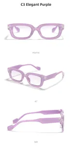 Three-angle view of elegant purple transparent thick rectangular sunglasses frames
