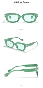 Three-way view of greyish-green rectangular sunglasses with thick frames and teal lenses