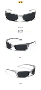 Detailed views of matte silver Y2K sports sunglasses from front and side angles