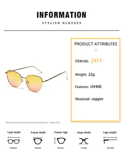 Detailed size chart for stylish metal cat-eye sunglasses with UV400 protection measurements