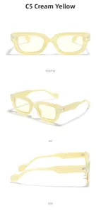 Three-way view of retro cream yellow rectangular frame glasses showing hinge details