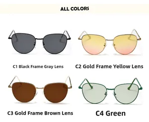 Detail view of cat eye sunglasses in black, gold, and green metal frame options