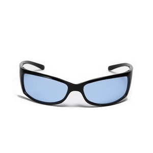 Y2K sporty cycling sunglasses with black streamlined frames and translucent blue lenses