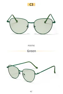 Detail view of small cat-eye metal sunglasses in vibrant green from multiple angles