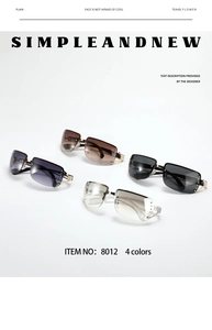 Detail view of four frameless square Y2K sunglasses with rhinestone-embellished metal lenses