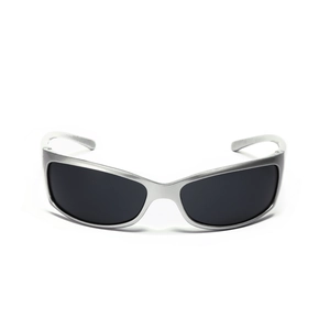 Cycling Y2K sports sunglasses with silver frame and dark lenses on white background