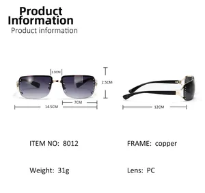 Detailed size chart for rimless Y2K square sunglasses with metal frame and rhinestone accents