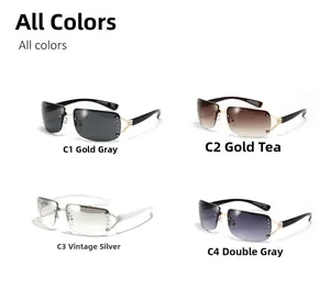 Detail view of four frameless square Y2K sunglasses with rhinestones and metal frames