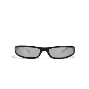 Y2K futuristic narrow frame sunglasses with black glossy finish and light gray lenses