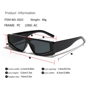 Detailed dimensions of square cat-eye sunglasses with PC frame and rhinestones