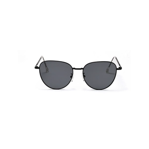 Modern cat-eye metal sunglasses with small black frame and dark grey lenses on white background