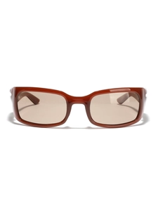 Brown rectangular futuristic style sunglasses with glossy frame and tinted lenses