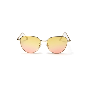 Cat eye sunglasses with slim gold metal frame and yellow to pink gradient lenses